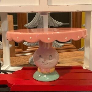 Pink Bunny Ceramic Cake Stand with Mint Base - Decorative Dessert Pedestal